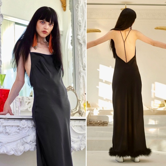 Simon Miller Kizo Black Feather Trim Open Back Maxi Slip Dress Gown Large - Picture 1 of 13